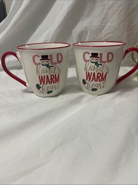 Source Unknown White and Red 'Cold Hands Warm Heart' Snowman Mugs Set